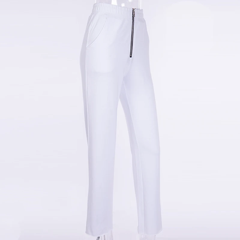 White pant InstaHot из хлопка, на молнии, цвет белый прямые брюки женские штаны с эластичной резинкой на талии повседневные штаны леди в уличном стиле с карманами спортивные брюки - Цвет: White pant