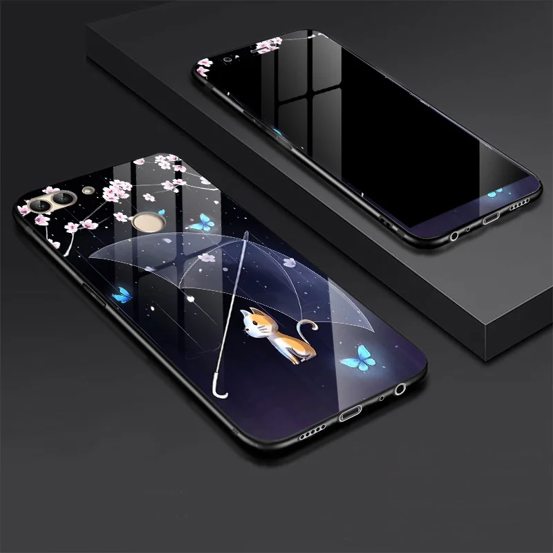 Роскошный чехол из закаленного стекла для huawei Honor 9 Lite Honor 7X Honor 10, задняя крышка с цветным принтом+ подобранное закаленное стекло P20 - Цвет: 9