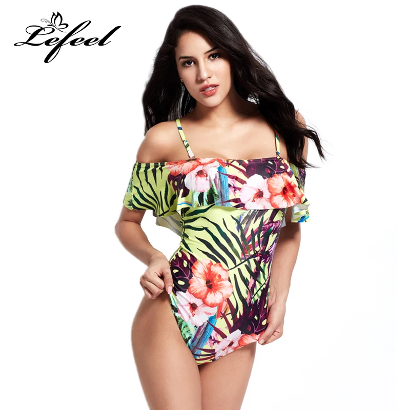 Lefeel One-Piece Suits Print Bathing Suit 2018 Women Sexy Leaf Shoulder Bandage Monokini Swimwear Biquini XXL | Спорт и развлечения