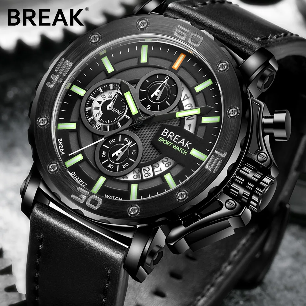 

Перерыв для мужчин, Роскошные, фирменные, кожаный ремешок, повседневные, модные, с хронографом, Классические Бизнес Спорт кварцевые наручны...