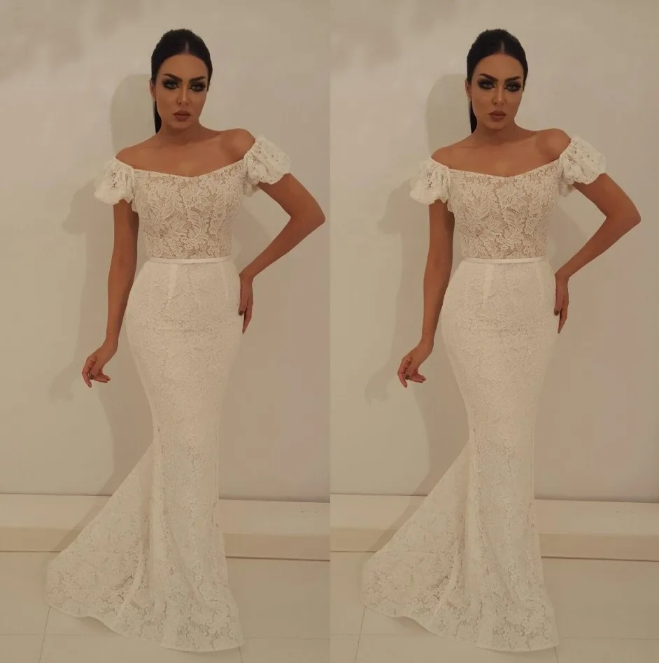 Белое вечернее платье-Русалка цвета слоновой кости кружевное официальное платье