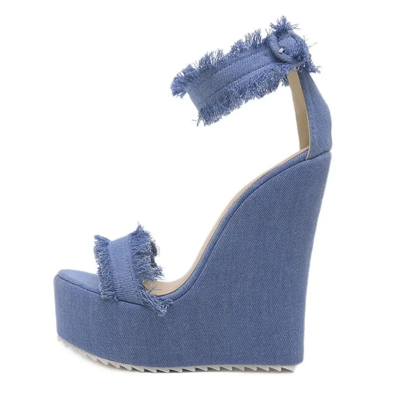 Женские сандалии на высокой танкетке Модные Дизайнерские летние из джинсовой