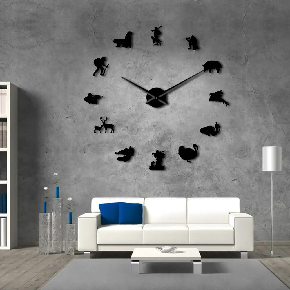 

Hunting DIY Giant Silent Wall Clock Animal Hunters Exclusive Time Clock Watch Hunting Club Wall Decor Mirror Effect Hunter Gift