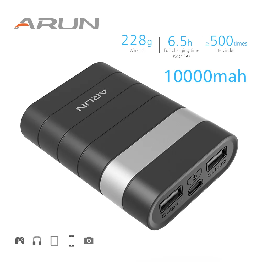 ARUN 10000 mah Мощность Bank внешняя Батарея повербанк 2 USB банк Портативный мобильного