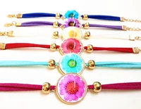 24pcs 6 color mixing plated gold chrysanthemum daisy dried rose pink blue flower glass bracelets for girls wholesale