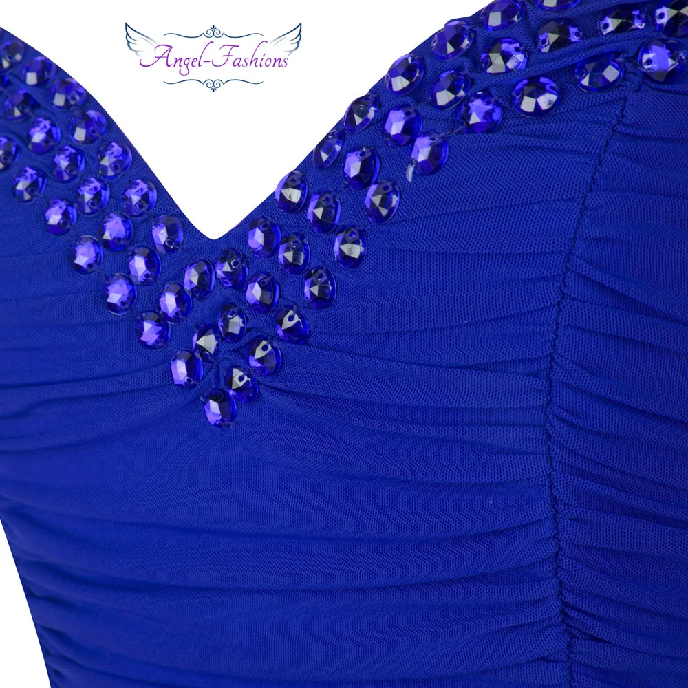 Angel Fashion женские Выпускные платья Спагетти ремень бисера Ruched Поезд синий вечернее