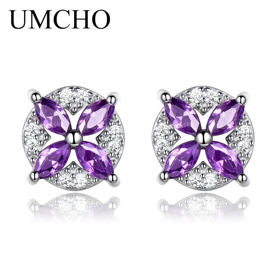 Amethyst UMCHO Твердые 925 пробы серебряные серьги-гвоздики в форме сердца для женщин, серьги с рубиновым драгоценным камнем, серебряные романтические ювелирные изделия, милый подарок - Цвет камня: Amethyst