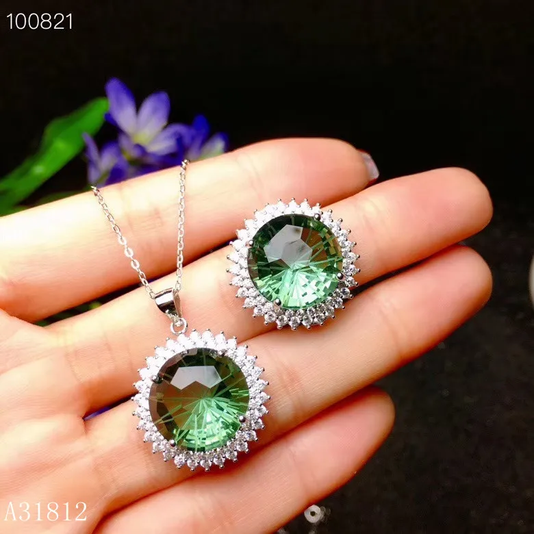 Серебристый KJJEAXCMY Fine jewelry, 925 Чистое серебро, встроенное натуральное зеленое кристаллическое бериловое ювелирное ожерелье, кольцо, поддержка обнаружения - Цвет камня: Серебристый