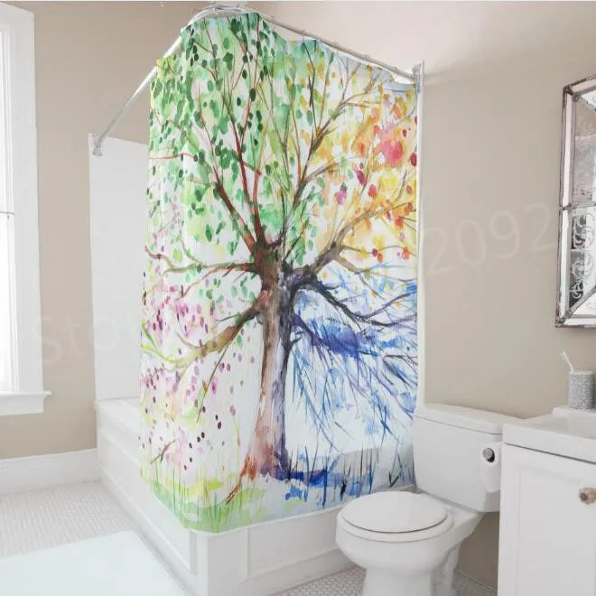 Colorful Four Seasons Tree of Life Showe Curtain Modern Art Painting Bathroom Stylish Classic Drawing Paint Decor | Дом и сад