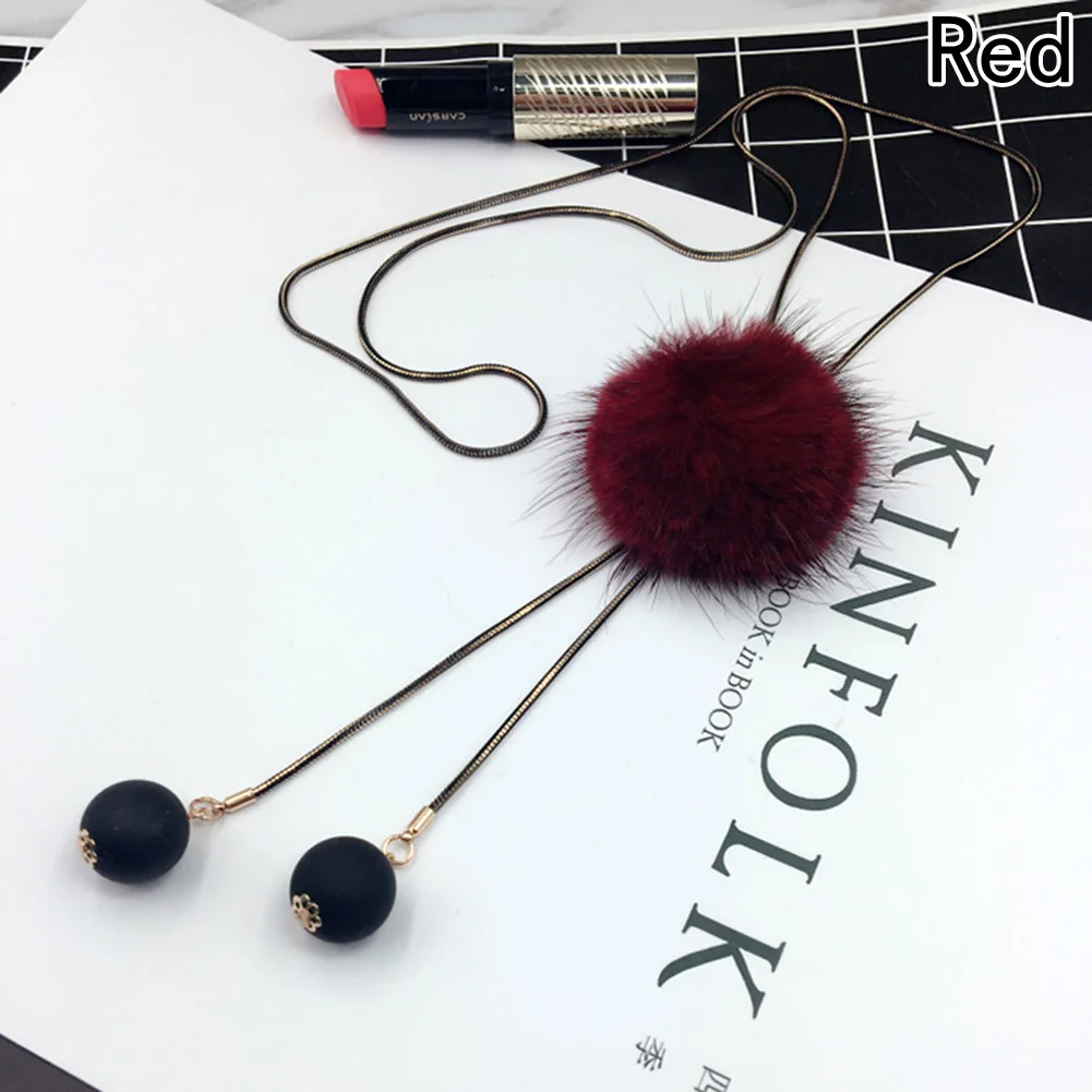 Женское зимнее ожерелье длинный свитер из Джерси цепочка с меховым помпоном