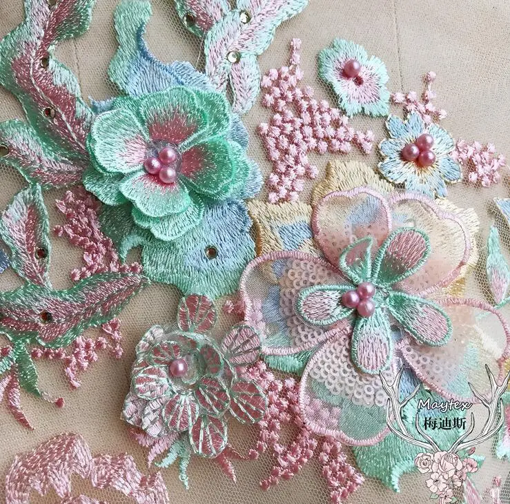 2 Pieces 33*28cm Pink Green Beaded Rhinestone Lace Applique Costume Evening Dress Clothing Accessories Pearl Trims Patches | Дом и сад