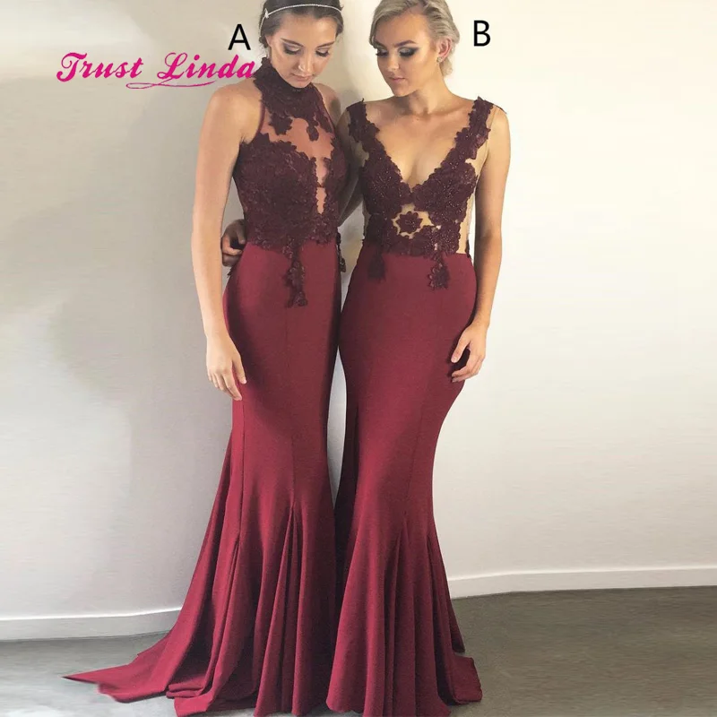 Платье для подружки невесты Бордовое платье с треугольным вырезом Прозрачное