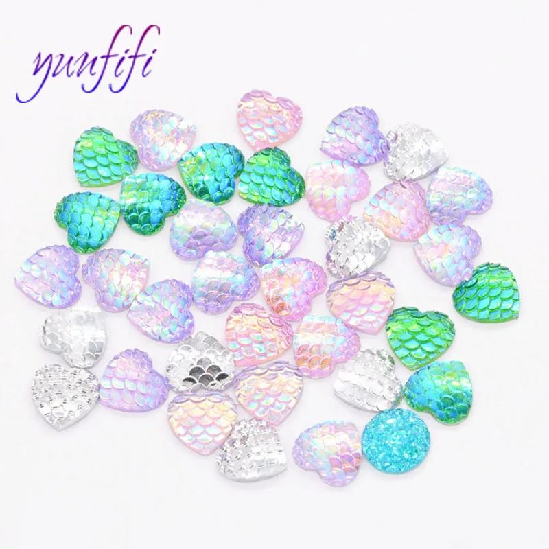 

Heart Shape Fish Scale Flat Resin Drill, Patch Mermaid Heart Plating AB Color rhinestones