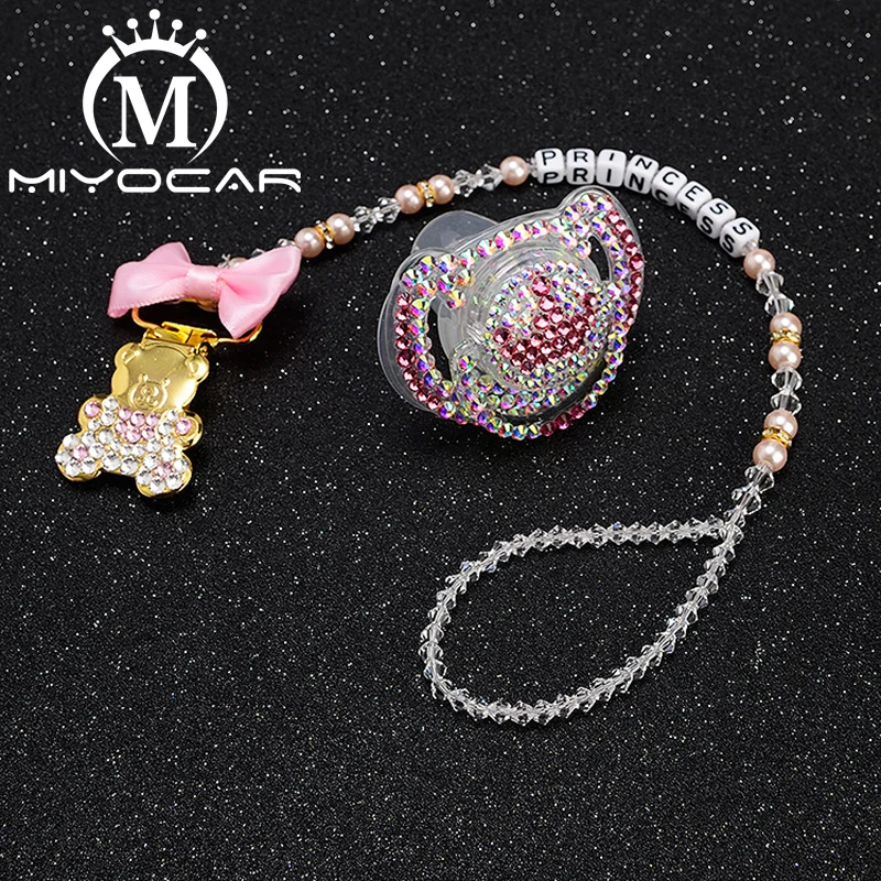 MIYOCAR custom name bling heart pacifier clip personalized pacifier holder dummy clip with bling pacifier set unique gift SP009