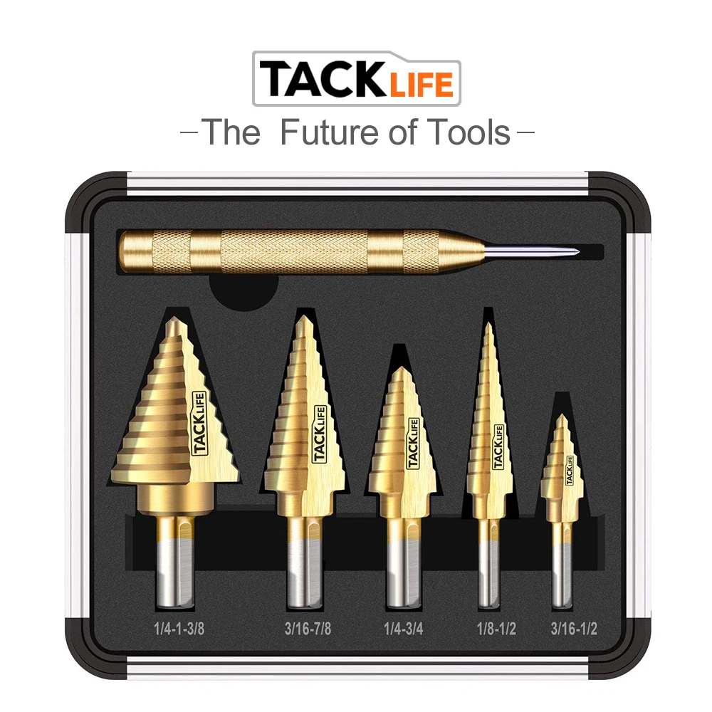 Tacklife PDH06A 5 шт./лот классический титановый Шаг сверло набор автоматический Кернер HSS 50 размеров двойные режущие лезвия алюминий