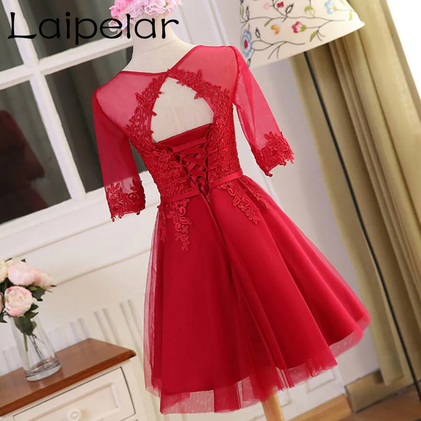 

Robe de soiree Scoop Neck Half Sleeve Transparent Lace Embroidery A-line Long Dress vestido de festa Dresses