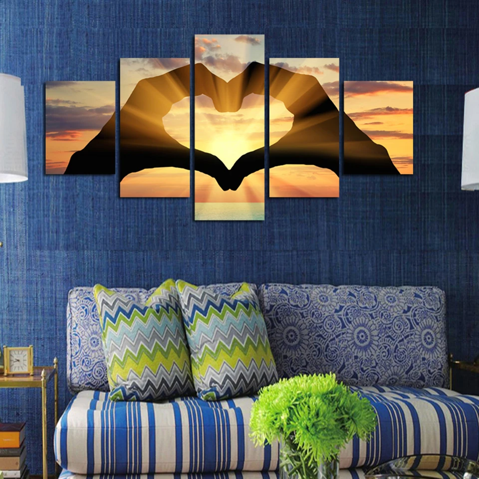 

Modern Wall Art Poster Home Decor 5 Panel Sunset Hand Love Seascape Living Room Print Canvas HD Painting Pictures Modular Frame