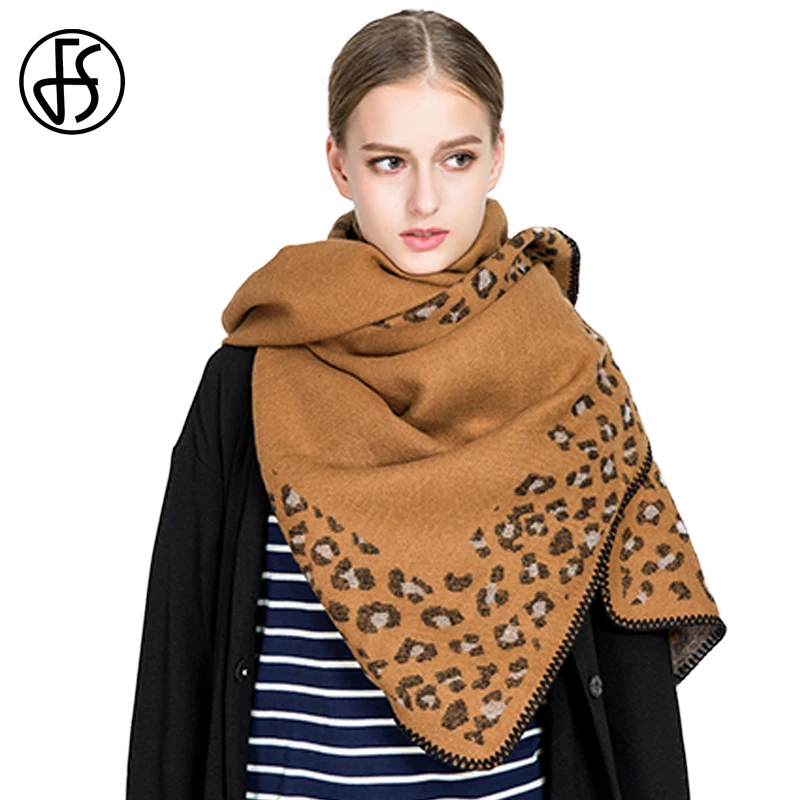 Женский шарф из шерсти и кашемира FS мягкий желтый палантин с леопардовым принтом