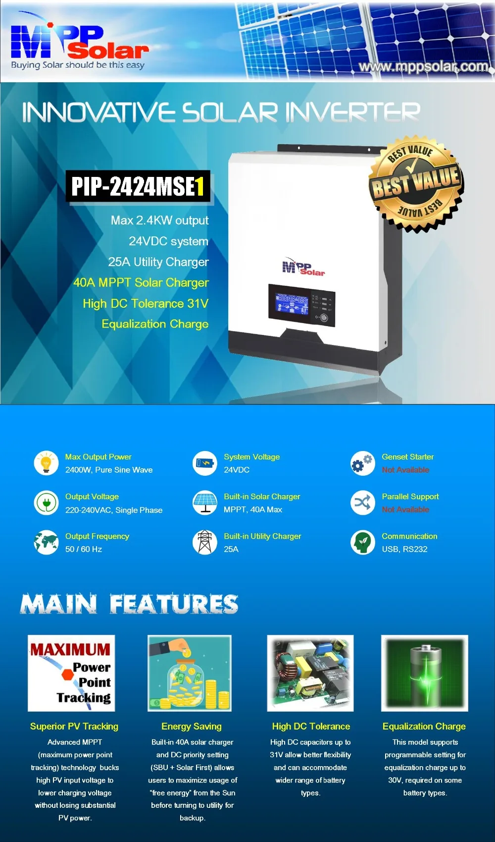 MSE1) солнечный инвертор 3kva 2400w 24vdc 230Vac+ 40A MPPT Солнечное зарядное устройство+ зарядное устройство 25A