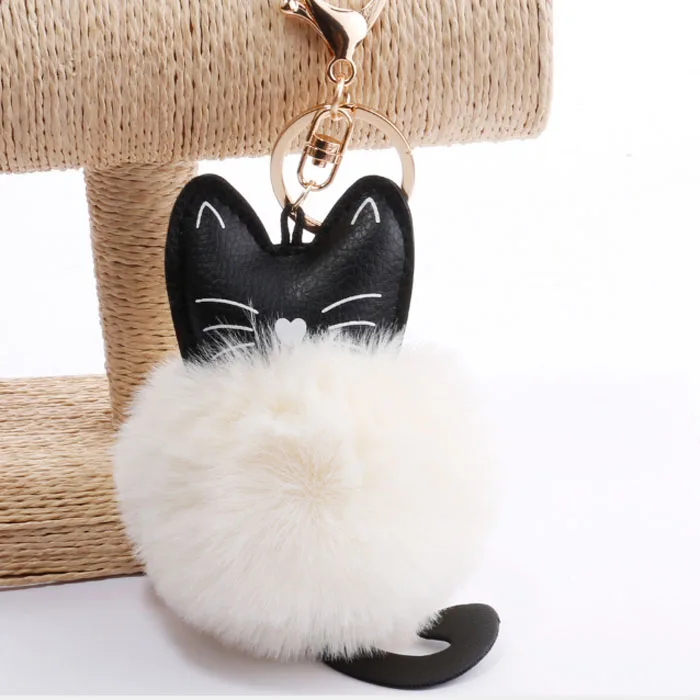 

Artificial Rabbit Fur Ball Cat Key Chain Fashion PU Keyring for Women Bag Car Pompom Pendant Jewelry Key Holder QS1802