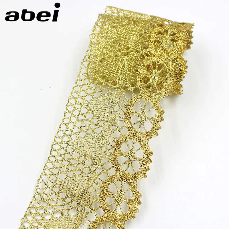 

7cm wide, 10yards Gold Thread Knitted Lace Ribbon Trims Wedding Party Home Decoration DIY Handmade Patchwork Lace Supplier