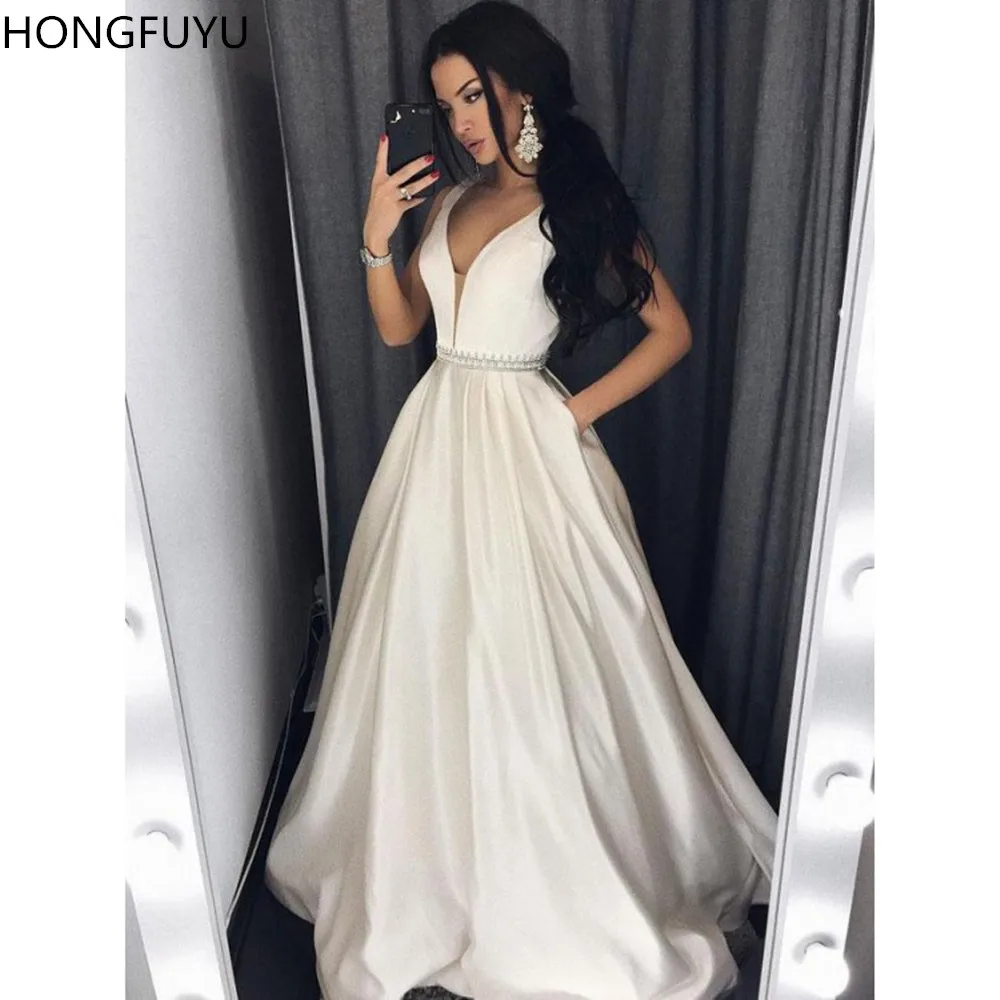 

HONGFUYU Charming Ivory Prom Dress Satin Sheer V-Neck Evening Dresses Long A Line Formal Gowns for Party robe de soiree Pockets