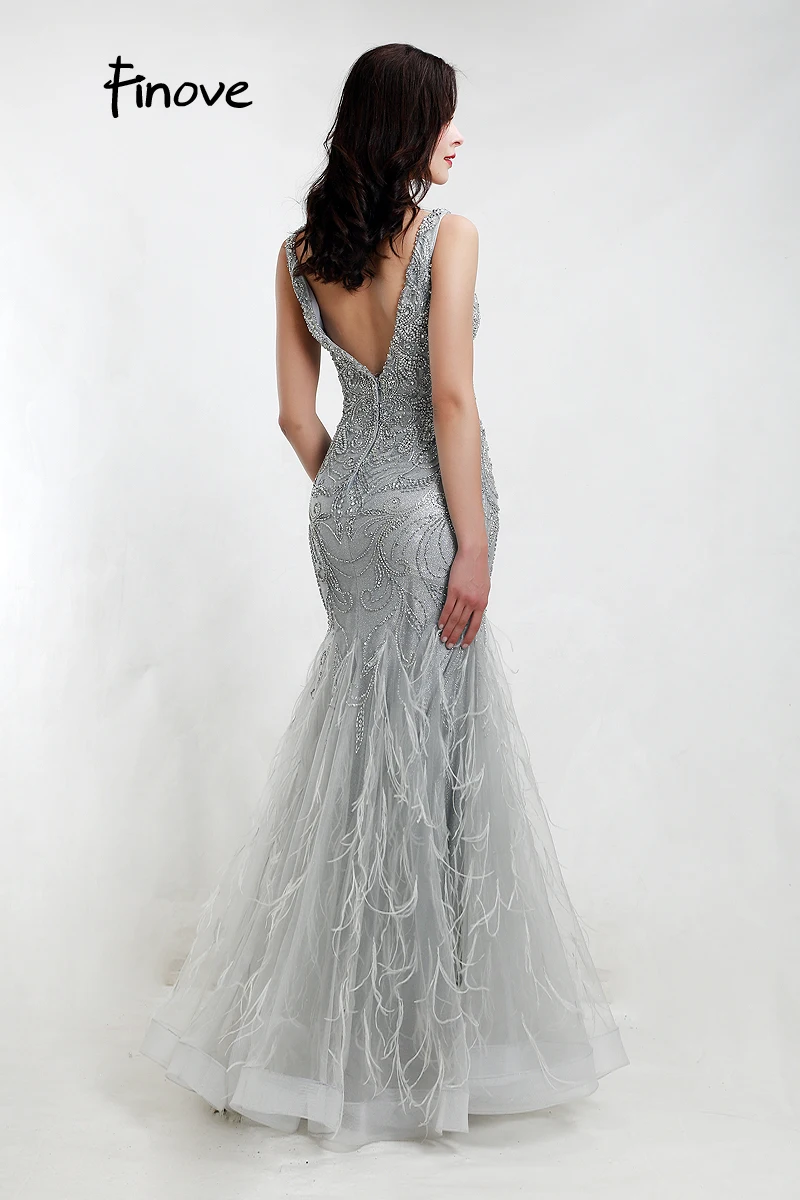 Finove Mermaid Evening Dresses Sexy V Neck With Beading Feathers Sparkle Materials Formal Long Dress Gowns Robe de soiree