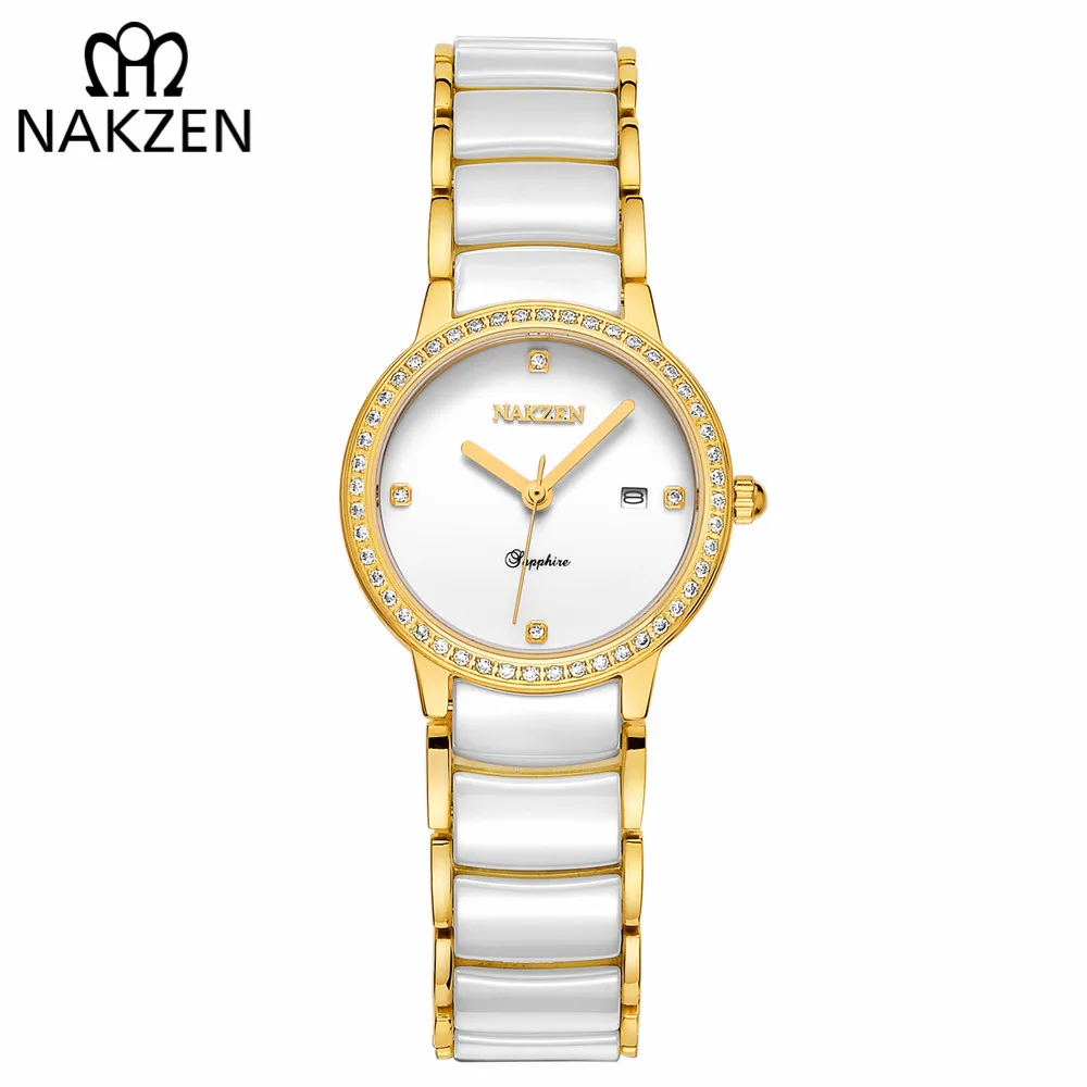 NAKZEN Classic Gold Ceramic Womens Watch Vintage Ceramic Diamond Watches Luxury Brand Watches Quartz Casual Famale Fashion Clock