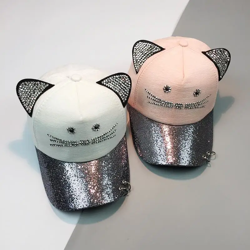 Seioum Snapback Cute Cat Ears Pink Baseball Cap Women's hats New Lovely cat Adjustable Sunscreen Caps Casual Drake Bones Unisex