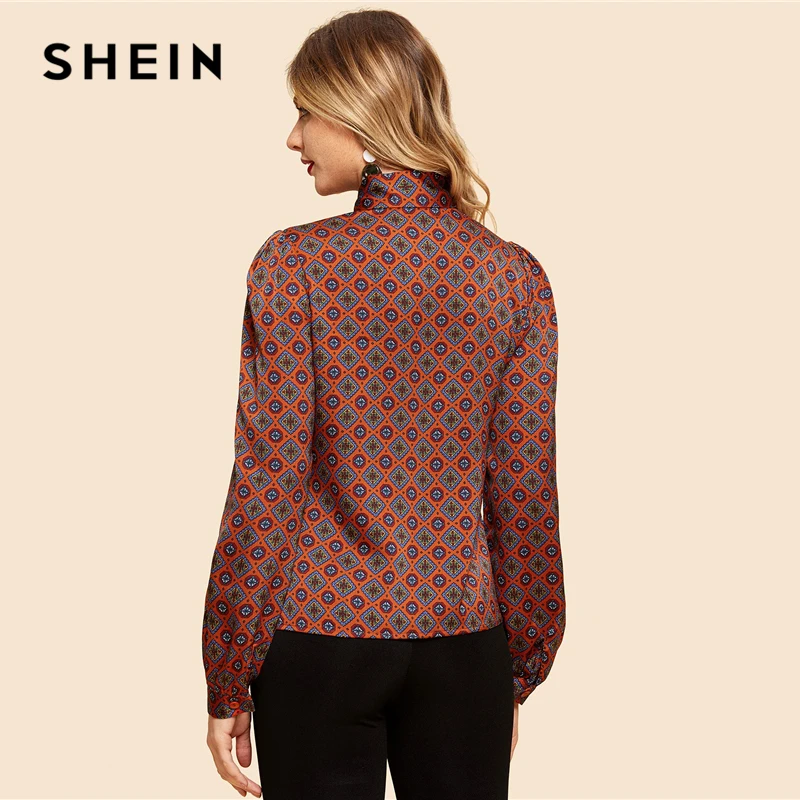 SHEIN Нарядная Блузка С Винтажным Принтом И Бантом Офисная Длинным Рукавом| |
