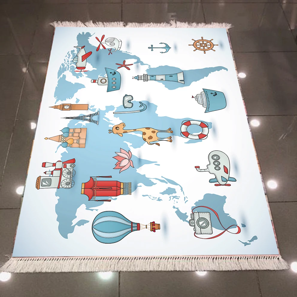 

Else Blue White Educational Earth World Map 3d Microfiber Anti Slip Back Washable Decorative Kilim Kids Room Area Rug Carpet