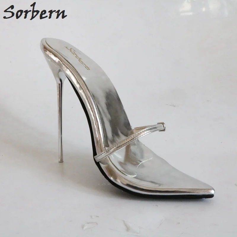 Sorbern/новые серебристые шлепанцы на каблуке 12 см, 14 см, 16 см женские пряжки на тонких ремешках, изготовленные на заказ, серебряные женские шлепанцы, вечерние туфли