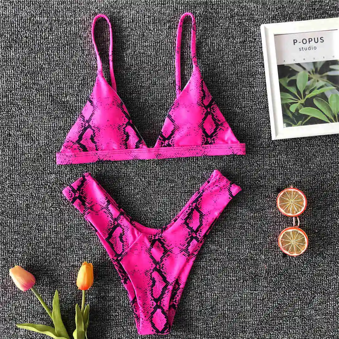 Hot Pink Snake Print Сексуальный женский купальник бикини с принтом, сексуальный женский купальник из двух частей, комплект бикини с v-образным вырезом, купальный костюм V1259 - Цвет: Hot Pink Snake Print