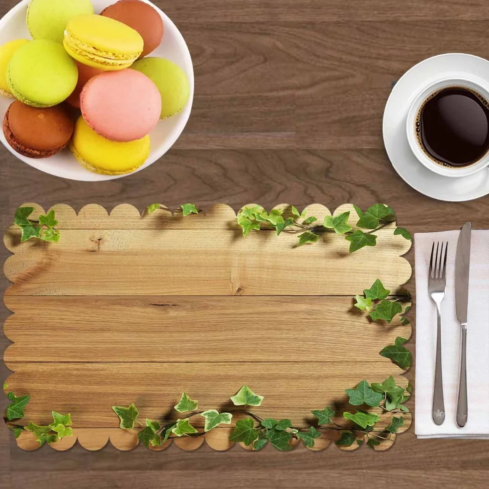 

Else Light Brown Wood Green ivy Leaves Frames 4 Pcs 3d Print Washable Micro Fabric Table Placemat Pad for Dining Room Kitchen