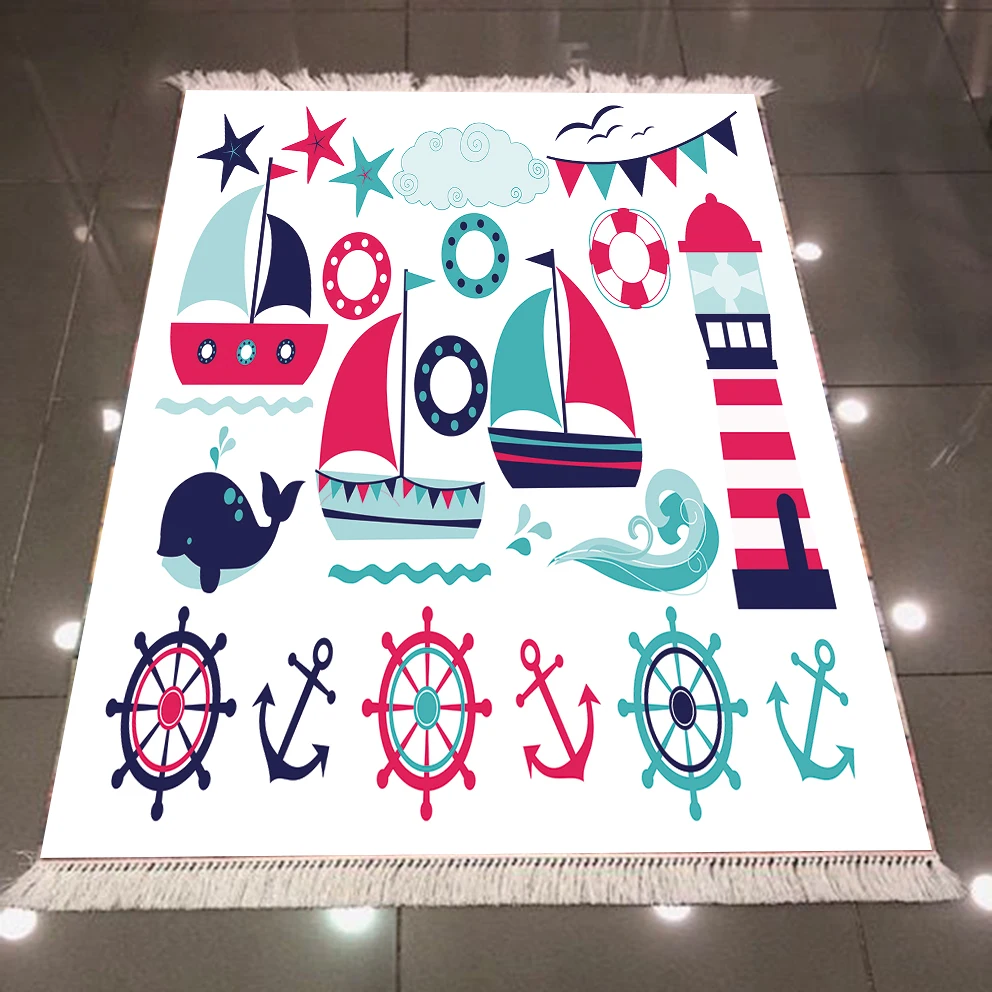 

Else Blue Red Sailor Ship Sea Lighthouse Anchor 3d Microfiber Anti Slip Back Washable Decorative Kilim Kids Room Area Rug Carpet
