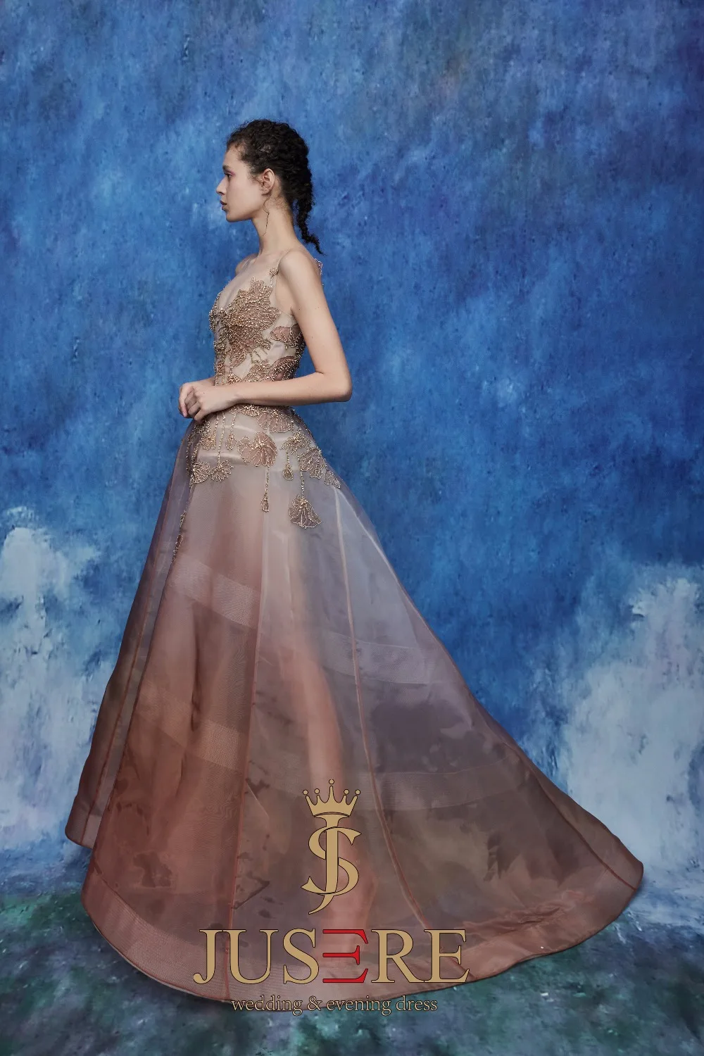 JUSERE FASHION SHOW Champagne Long Evening Dress Beaded Sleeveless See Through Floor Length Party Gown robe de soiree