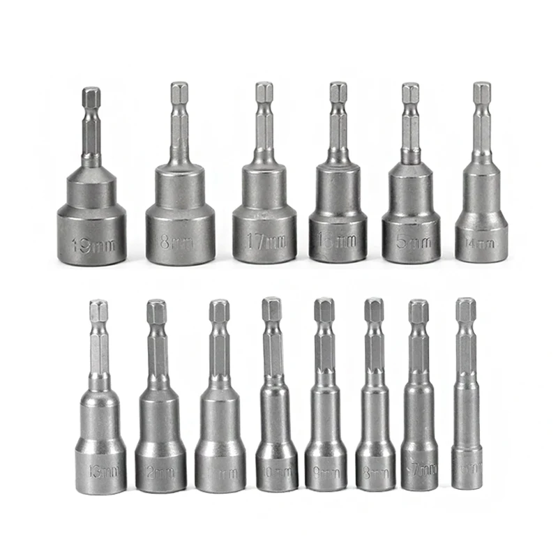

14pcs Professional 1/4" Hex Magnetic Nut Driver Socket Set Metric Impact Drill Bits Adapter 6mm To 19mm For Power Tools