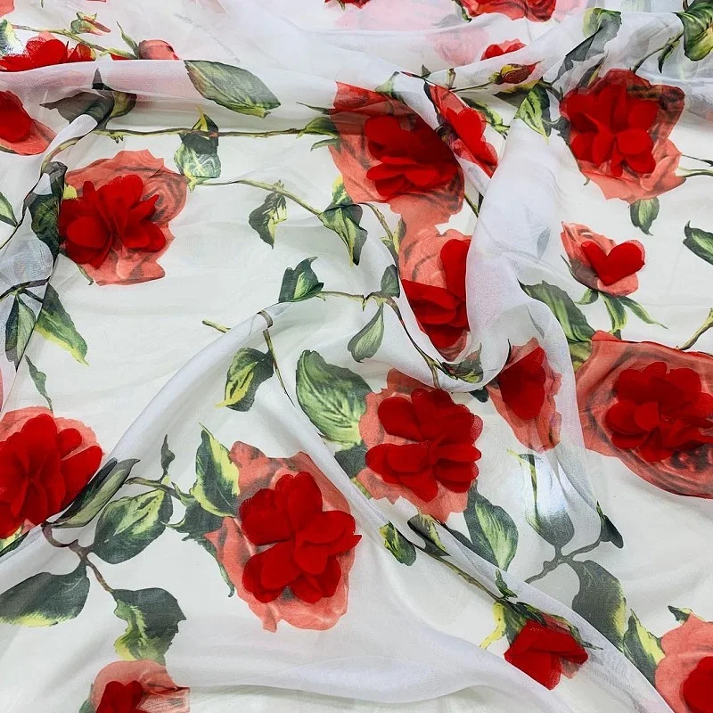 Высокое качество poppy red flower 3D печать Корейская шифоновая ткань 100% pes для шитья