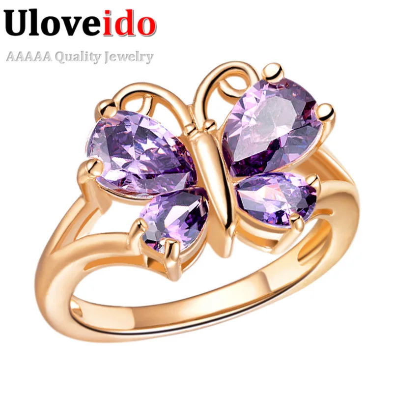 Uloveido Анель бабочка кольца для женщин серебро Цвет Кристалл кольцо с фиолетовыми
