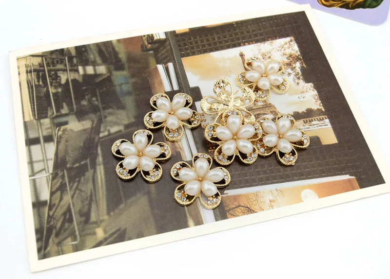 30pcs/lot DIY Pearls Hair Accessories Rhinestone Button For Wedding Ivory Metal Pearl Flower Alloy Accessory 572 | Детская одежда и