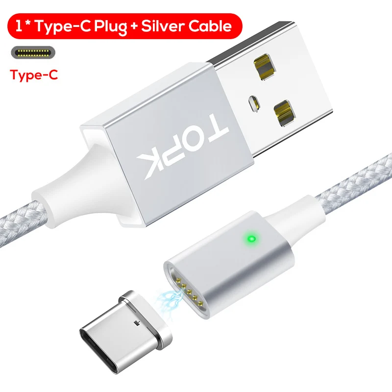Sliver cable TOPK F-Line2 type C Магнитный кабель Usb C нейлоновый кабель для передачи данных и зарядного устройства для samsung Galaxy S9 Note 9 one Plus 6 Xiaomi Mi a2 - Цвет: Sliver cable