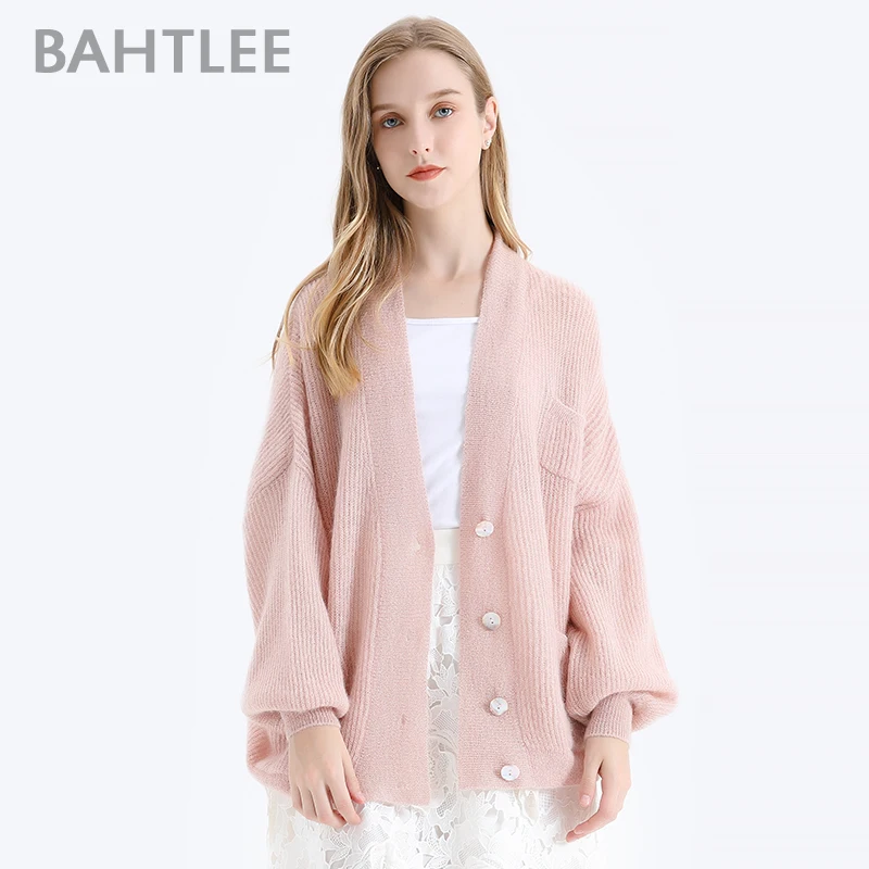 BAHTLEE Women Mohair Sweater Autumn Winter Gold Lurex Wool Knitted Jumper Cardigan Full Puff Sleeves V-Neck Loose Style Button