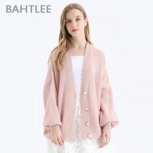 Женский мохеровый свитер BAHTLEE, вязаный джемпер с золотистым люрексом и пышными рукавами, Свободный кардиган с V-образным вырезом на пуговицах на осень и зиму