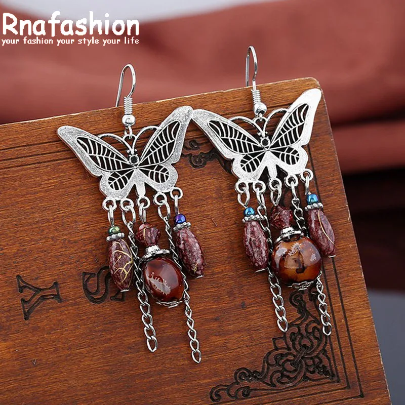 RNAFASHION богемные серьги в форме бабочки женские ювелирные изделия Длинные камень