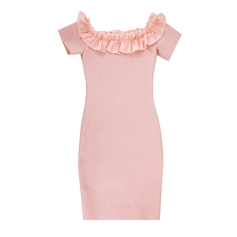 Женское платье с открытыми плечами розовое облегающее платье-мини и оборками 2019 |