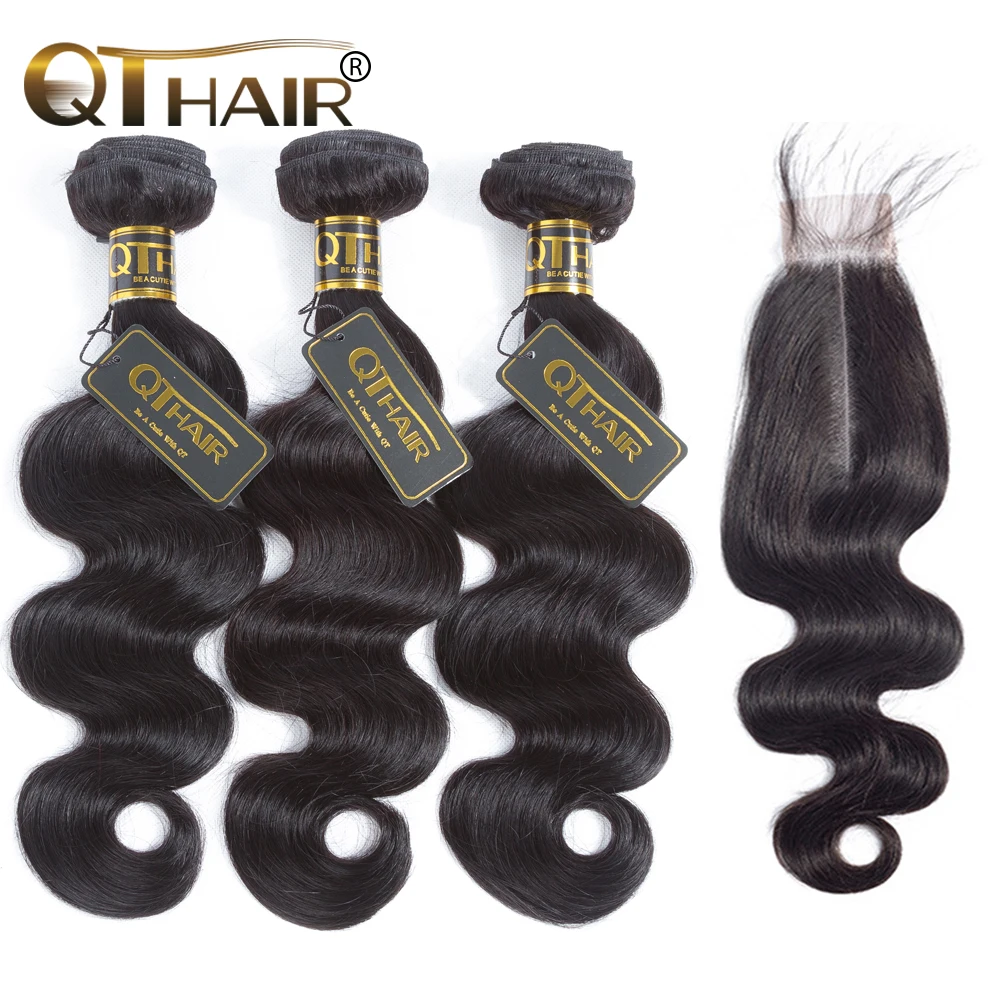 QT Hair Human Weave Bundles With Closure Brazilian Body Wave Lace 3 2*6 Remy Hair|3/4 пучка на сетке| |