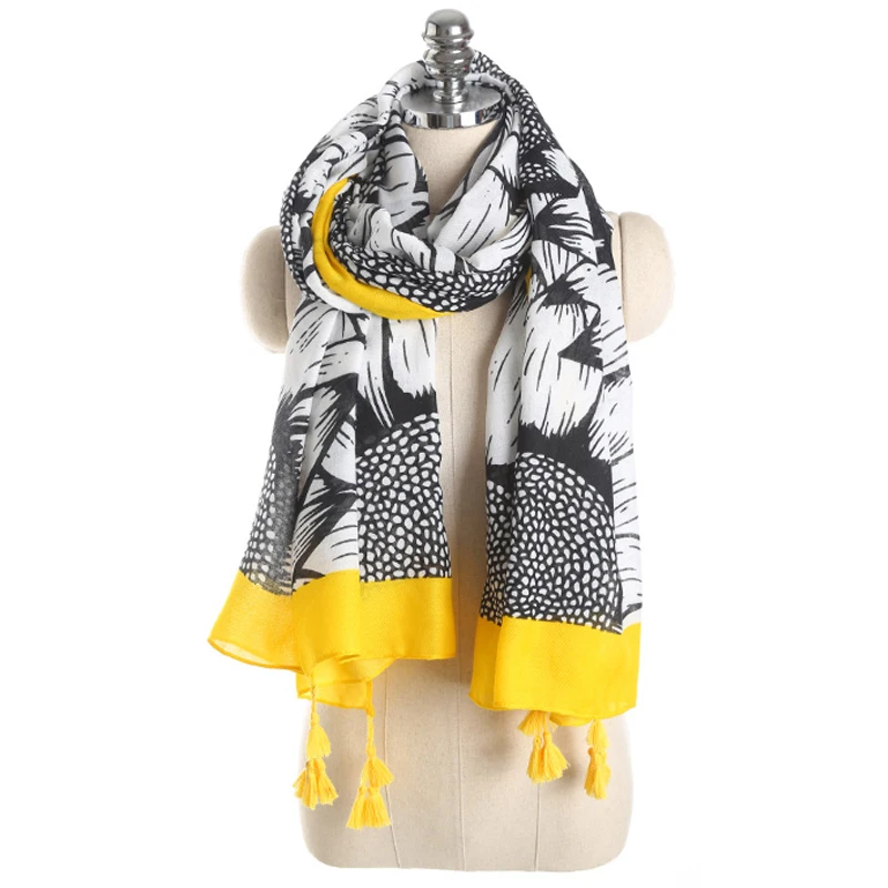 Шарф из хлопка и льна FS шали с кисточками в виде подсолнечника Пашмина женские