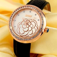 new rose watch women black leather water resistant lady jewelry crystal watches quartz wristwatches