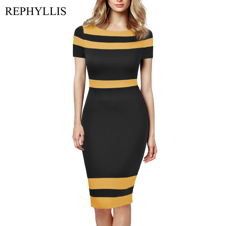 Black-Yellow REPHYLLIS женское платье-карандаш с коротким рукавом, с вырезом лодочкой, в стиле пэчворк, повседневное, деловое, офисное, элегантное, облегающее - Цвет: Black-Yellow