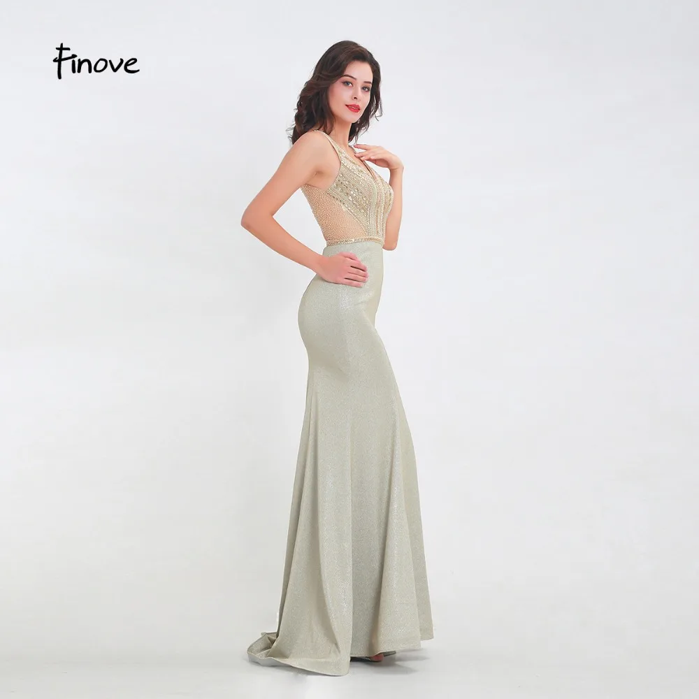 Finove Prom Dress 2020 Long New Reflective Sexy V Neck Beading Crystal See Through Back In Womenɽresses vestido de fiesta | Свадьбы и